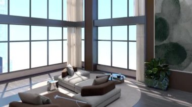 3d video rendering footage contemporary interior design of the living room. Stylish interior of the living room
