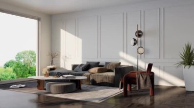 3D video görüntüsü, oturma odasının çağdaş iç tasarımı. Oturma odasının içi çok şık.