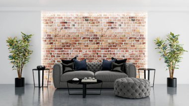 Büyük lüks, modern, parlak iç mekan oturma odası, afiş illüstrasyonu 3D dijital görüntü oluşturan bilgisayar.