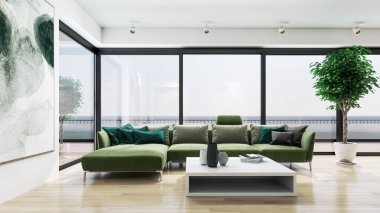 Büyük lüks, modern, parlak iç mekan oturma odası, afiş illüstrasyonu 3D dijital görüntü oluşturan bilgisayar.