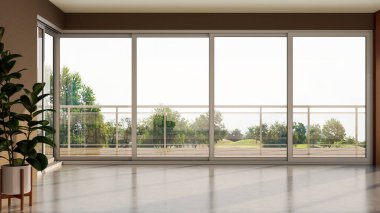 Büyük lüks, modern, parlak iç mekan oturma odası, afiş illüstrasyonu 3D dijital görüntü oluşturan bilgisayar.