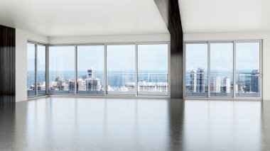 Büyük lüks, modern, parlak iç mekan oturma odası, afiş illüstrasyonu 3D dijital görüntü oluşturan bilgisayar.