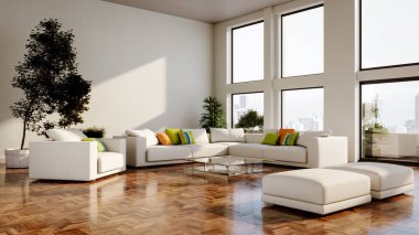 Büyük lüks, modern, parlak iç mekan oturma odası, afiş illüstrasyonu 3D dijital görüntü oluşturan bilgisayar.