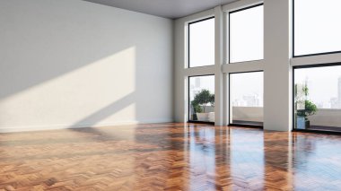 Büyük lüks, modern, parlak iç mekan oturma odası, afiş illüstrasyonu 3D dijital görüntü oluşturan bilgisayar.