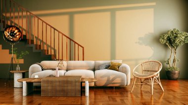 Büyük lüks, modern, parlak iç mekanlar. Oturma odası tasviri. 3D görüntüleme.