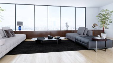 Büyük lüks, modern, parlak iç mekanlar. Oturma odası tasviri. 3D görüntüleme.