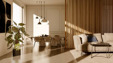 Büyük lüks, modern, parlak iç mekanlar. Oturma odası tasviri. 3D görüntüleme.