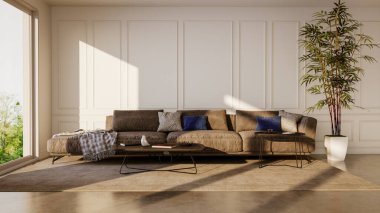 Büyük lüks, modern, parlak iç mekanlar. Oturma odası tasviri. 3D görüntüleme.