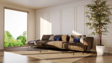 Büyük lüks, modern, parlak iç mekanlar. Oturma odası tasviri. 3D görüntüleme.