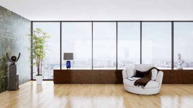 Büyük lüks, modern, parlak iç mekanlar. Oturma odası tasviri. 3D görüntüleme.