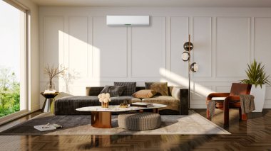 Büyük lüks, modern, aydınlık bir oturma odası. Klima modelleme çizimi 3D.