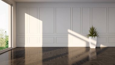 Büyük lüks, modern, parlak iç mekanlar. Oturma odası tasviri. 3D görüntüleme.