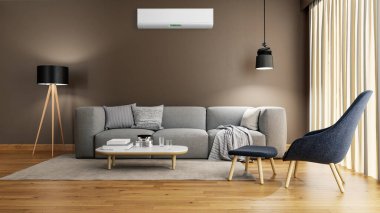 Büyük lüks, modern, aydınlık bir oturma odası. Klima modelleme çizimi 3D.