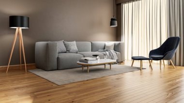 Büyük lüks, modern, parlak iç mekanlar. Oturma odası tasviri. 3D görüntüleme.