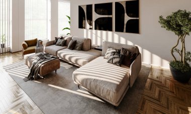 Büyük lüks, modern, parlak iç mekanlar. Oturma odası tasviri. 3D görüntüleme.