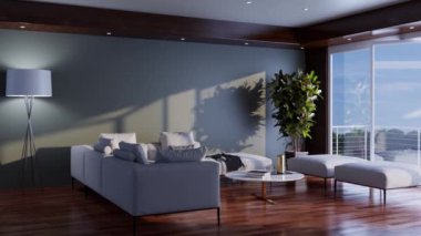3D video görüntüsü, oturma odasının çağdaş iç tasarımı. Oturma odasının içi çok şık.