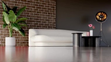 3D video görüntüsü, oturma odasının çağdaş iç tasarımı. Oturma odasının içi çok şık.