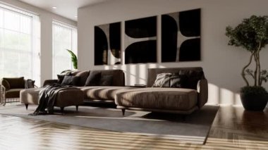 3d video rendering footage contemporary interior design of the living room. Stylish interior of the living room