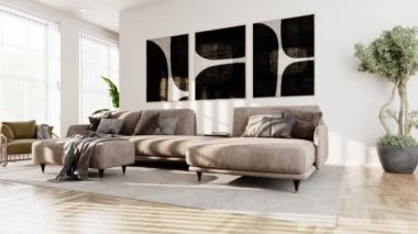 3d video rendering footage contemporary interior design of the living room. Stylish interior of the living room