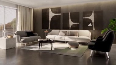 3D video görüntüsü, oturma odasının çağdaş iç tasarımı. Oturma odasının içi çok şık.