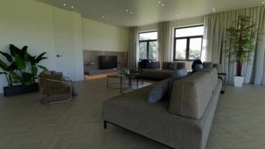3d video rendering footage contemporary interior design of the living room. Stylish interior of the living room