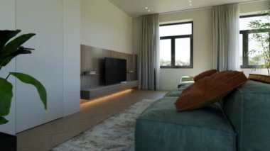 3d video rendering footage contemporary interior design of the living room. Stylish interior of the living room