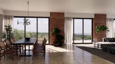 3d video rendering footage contemporary interior design of the living room. Stylish interior of the living room