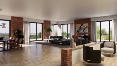 3d video rendering footage contemporary interior design of the living room. Stylish interior of the living room