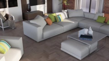 3d video rendering footage contemporary interior design of the living room. Stylish interior of the living room