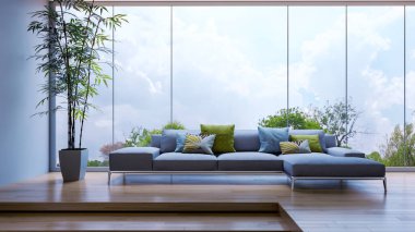 Büyük lüks, modern, parlak iç mekanlar. Oturma odası tasviri. 3D görüntüleme.