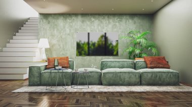 Büyük lüks, modern, parlak iç mekanlar. Oturma odası tasviri. 3D görüntüleme.