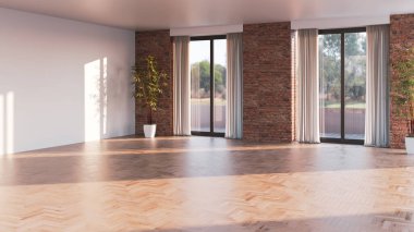 Büyük lüks, modern, parlak iç mekanlar. Oturma odası tasviri. 3D görüntüleme.