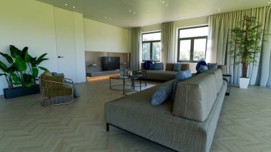 Büyük lüks, modern, parlak iç mekanlar. Oturma odası tasviri. 3D görüntüleme.