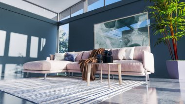 Büyük lüks, modern, parlak iç mekanlar. Oturma odası tasviri. 3D görüntüleme.