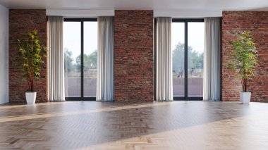 Büyük lüks, modern, parlak iç mekanlar. Oturma odası tasviri. 3D görüntüleme.