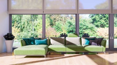 Büyük lüks, modern, parlak iç mekanlar. Oturma odası tasviri. 3D görüntüleme.