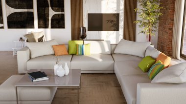 Büyük lüks, modern, parlak iç mekanlar. Oturma odası tasviri. 3D görüntüleme.