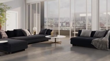 3D video görüntüsü, oturma odasının çağdaş iç tasarımı. Oturma odasının içi çok şık.