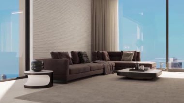 3D video görüntüsü, oturma odasının çağdaş iç tasarımı. Oturma odasının içi çok şık.