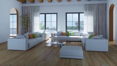 3d video rendering footage contemporary interior design of the living room. Stylish interior of the living room