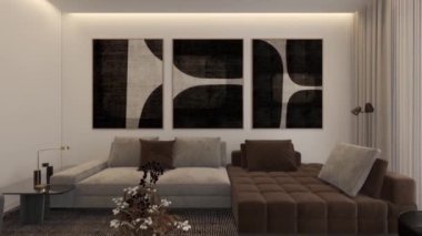 3D video görüntüsü, oturma odasının çağdaş iç tasarımı. Oturma odasının içi çok şık.