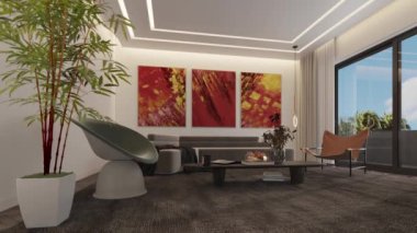 3d video rendering footage contemporary interior design of the living room. Stylish interior of the living room