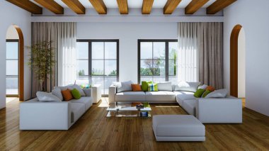 Büyük lüks, modern, parlak iç mekan oturma odası tasviri 3D dijital olarak oluşturulmuş görüntü, ev minimumu hortum fabrikası