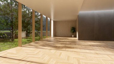 Büyük lüks, modern, parlak iç mekan oturma odası tasviri 3D dijital olarak oluşturulmuş görüntü, ev minimumu hortum fabrikası