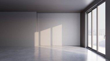 Büyük lüks, modern, parlak iç mekan oturma odası tasviri 3D dijital olarak oluşturulmuş görüntü, ev minimumu hortum fabrikası