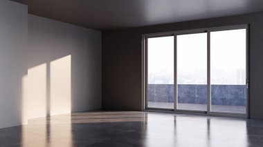 Büyük lüks, modern, parlak iç mekan oturma odası tasviri 3D dijital olarak oluşturulmuş görüntü, ev minimumu hortum fabrikası