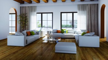 Büyük lüks, modern, parlak iç mekan oturma odası tasviri 3D dijital olarak oluşturulmuş görüntü, ev minimumu hortum fabrikası