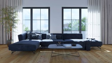 Büyük lüks, modern, parlak iç mekan oturma odası tasviri 3D dijital olarak oluşturulmuş görüntü, ev minimumu hortum fabrikası