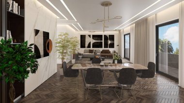 Büyük lüks, modern, parlak iç mekan oturma odası tasviri 3D dijital olarak oluşturulmuş görüntü, ev minimumu hortum fabrikası