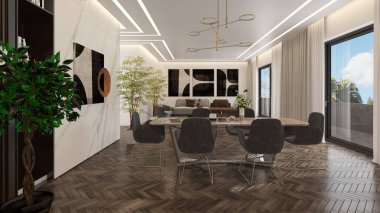Büyük lüks, modern, parlak iç mekan oturma odası tasviri 3D dijital olarak oluşturulmuş görüntü, ev minimumu hortum fabrikası